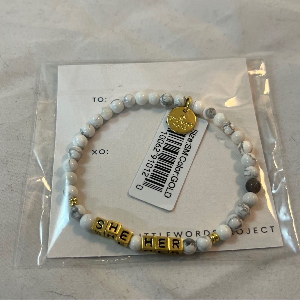 Little Words Project Bracelet She Her Stretch Beaded Gold Marble Neutral Casual